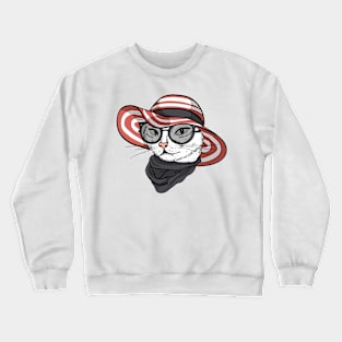 Elegant Cat Woman face with wide brimmed hat, sunglasses and scarf Crewneck Sweatshirt